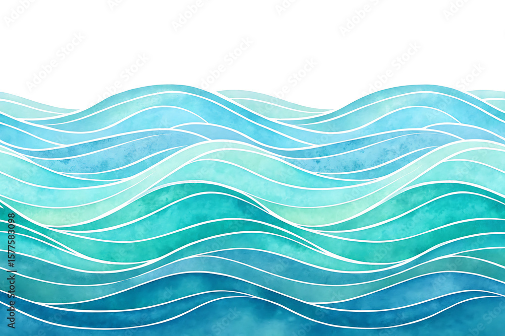 Fototapeta premium Watercolor painting of ocean waves with shades of blue and white lines on a white background