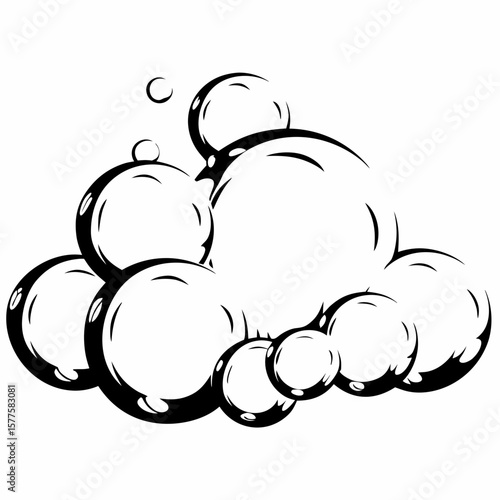 Black and white illustration of soap bubbles in various sizes  