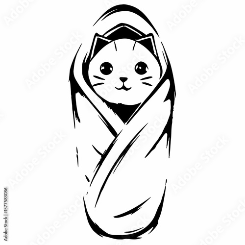 Cat wrapped snugly in a blanket on white background, concept of pet grooming  