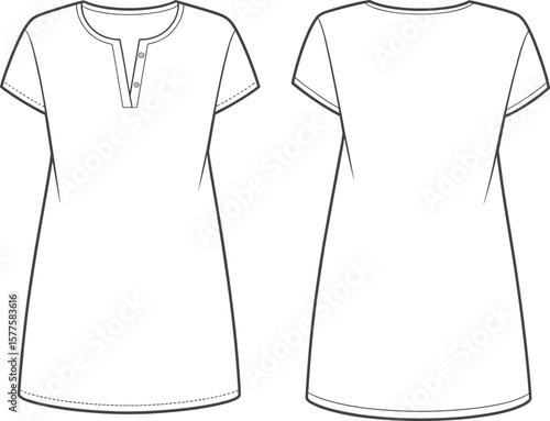 Short sleeve girls tunic with button placket front and curved hemline, fashion CAD drawing, technical flat vector illustration