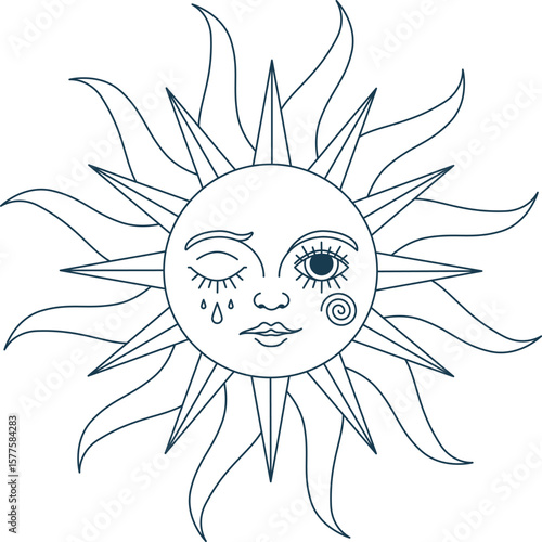 Dual faces sun with closed and open eyes. Vector line art design. Celestial mystic esoteric magic sun element. Alchemy and astrology vintage symbol. Sacred solar sign. Monochrome boho sun with human