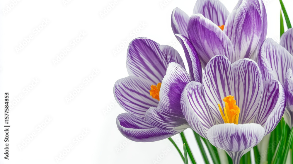 Fototapeta premium Vibrant purple and white striped crocuses bloom against a crisp white background. Cheerful spring flowers symbolize new beginnings.