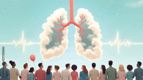 stylized illustration of lungs made of clouds, with a heartbeat line and a group of people facing them. The scene is set against a light blue background, with heart balloons and butterflies
