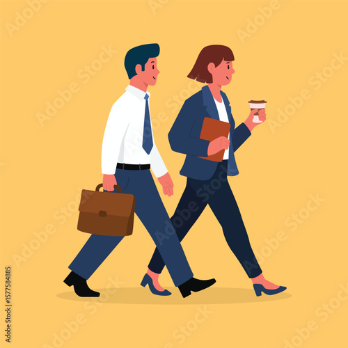 Working Couple Walking to Office – Flat Vector Illustration of Businessman and Businesswoman in Formal Attire