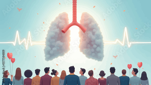 stylized illustration of lungs made of clouds, with a heartbeat line and a group of people facing them. The scene is set against a light blue background, with heart balloons and butterflies