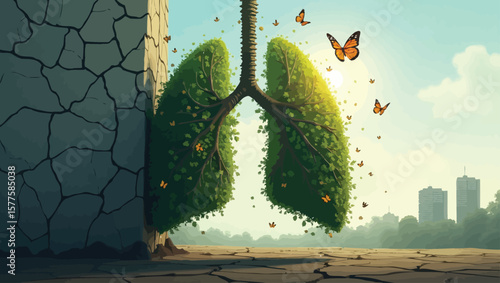 a stylized illustration of lungs transformed into lush green trees with red leaves, set against a serene landscape. Butterflies flutter around, and a city skyline is visible in the background under a 