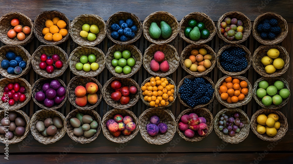 Fototapeta premium Colorful fruits arranged in woven baskets for a harvest ritual 