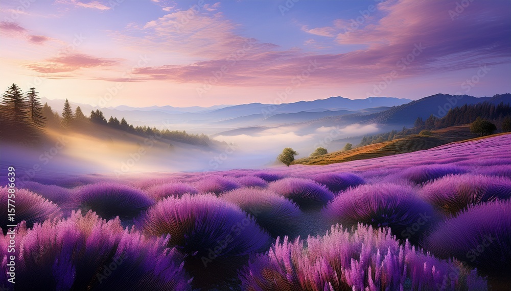 Obraz premium soft lavender mist amidst delicate light dance lavender mist serene landscape