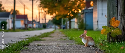 Fototapeta Naklejka Na Ścianę i Meble -  Rabbit by the street at sunset
