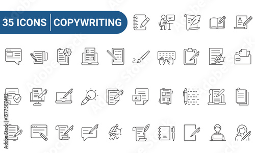 copywriting Web Icons Set in Line or outline Style related to copywriting. Icons for web and mobile app. Linear icons collection. Editable strokes. Vector illustration.