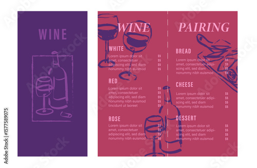 Cafe menu templates with hand drawn graphic elements, brush line art wine and charcuterie drawings