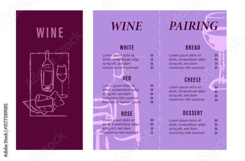Cafe menu templates with hand drawn graphic elements, brush line art wine and charcuterie drawings