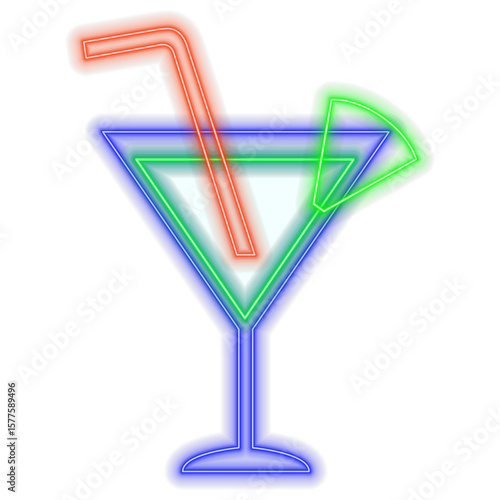 Glowing cocktails neon sign. Fluorescent glowing signboard with party drinks. Illuminated drink symbol. Bright signage for bar or club.