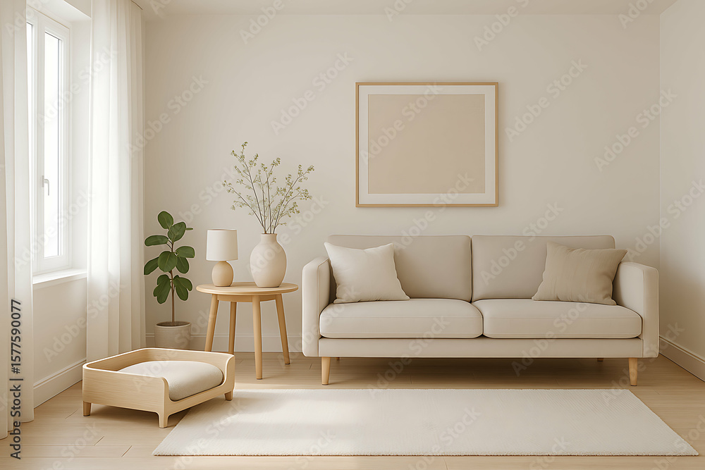 Fototapeta premium minimalist pet friendly home. A minimalist living room with a beige sofa, wooden side table, decorative vases, potted plants, and a soft rug illuminated by natural light from a window.