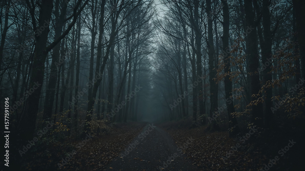 Fototapeta premium Fog entering dark forest road creating mysterious atmosphere