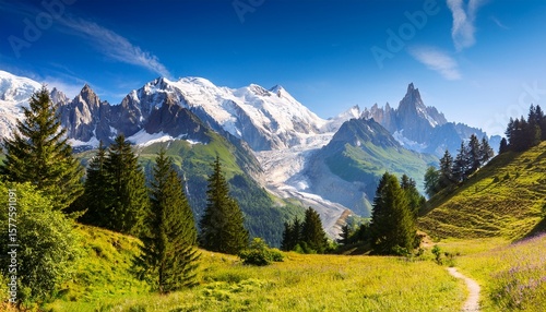 idyllic landscape with mont blanc mountain range in sunny day nature reserve aiguilles rouges french alps france europe