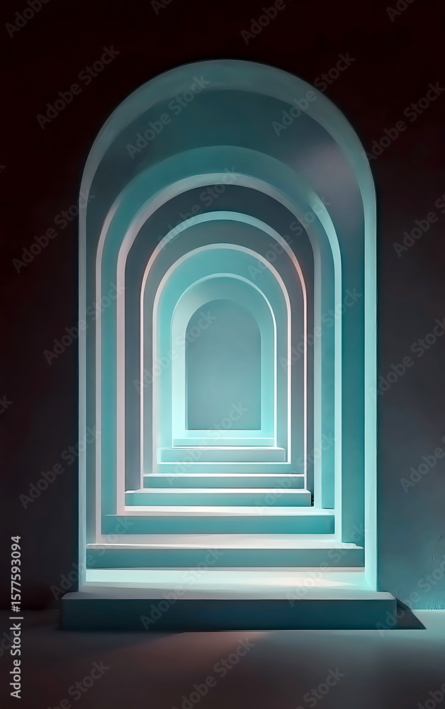 Fototapeta premium Abstract 3D Render with Soft Lighting and Backlit Turquoise Passage.