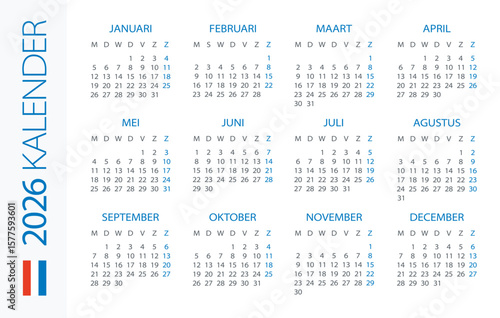 Calendar 2026 Horizontal - illustration. Dutch version - Netherlands