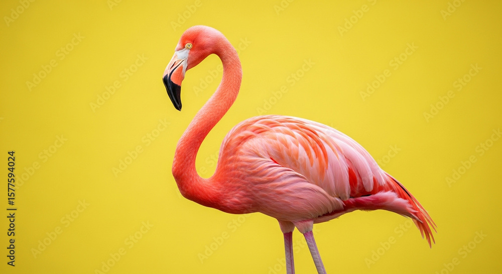 Obraz premium Elegant flamingo stands against a vibrant yellow backdrop, showcasing its vibrant pink plumage and graceful posture.