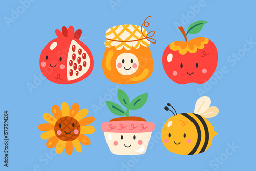 Jewish holiday Rosh Hashanah holiday cute elements set. Childish print for cards, posters and stickers