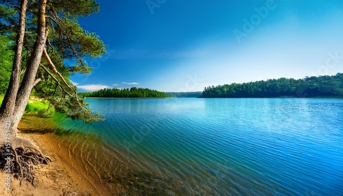 trees on the shore of the lake summer day near a forest lake trees with long curved branches grow on the shore behind them is the blue expanse of water and a dense forest on the other side