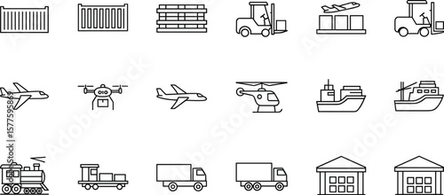 Commercial vehicles line icon set. Vector pictograms of container, pallet, forklift, plane, drone, helicopter, ship, train, cargo truck, warehouse, thin linear