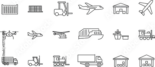 Commercial vehicles line icon set. Vector pictograms of container, pallet, forklift, plane, drone, helicopter, ship, train, cargo truck, warehouse, thin linear