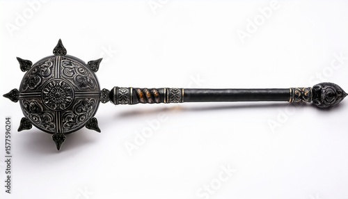 ancient ceremonial mace ornate black staff isolated on white background