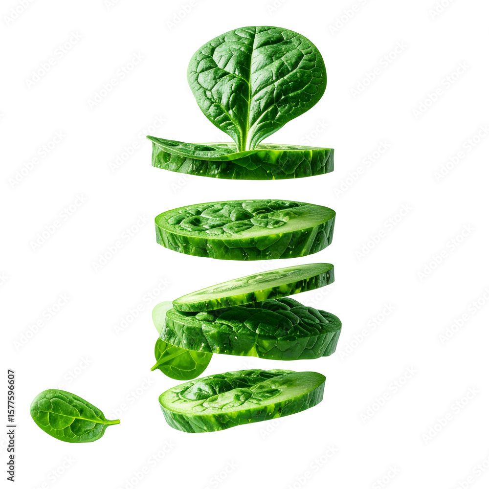 Obraz premium Sliced spinach leaves in motion against a dark background