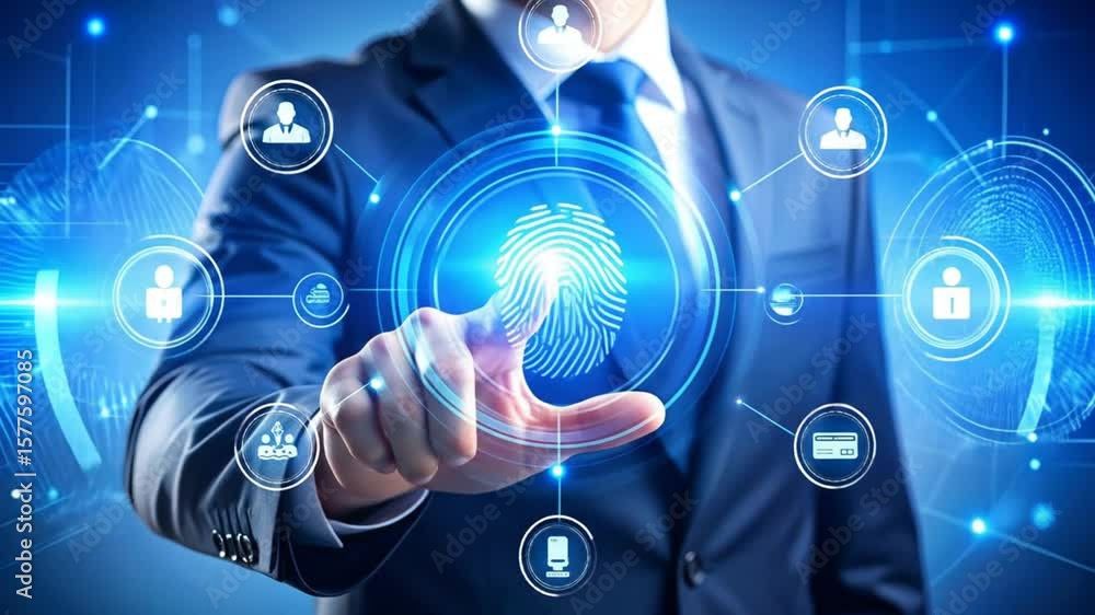 Biometric technology concept: Businessman pressing fingerprint ID on a virtual screen