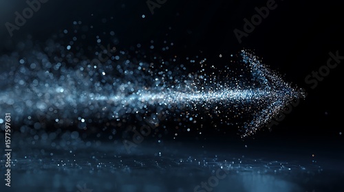 A sparkling arrow shape formed by light particles against a dark black background with reflections