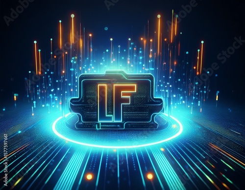 futuristic glowing lfr illuminated by electric particles on dark background representing high speed data transfer and cyber abstraction in digital ftp systems generative ai