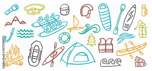 Vector collection of rafting and camping gear hand drawn in doodle style