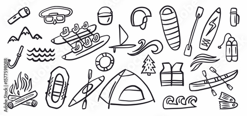 Vector collection of rafting and camping gear hand drawn in doodle style