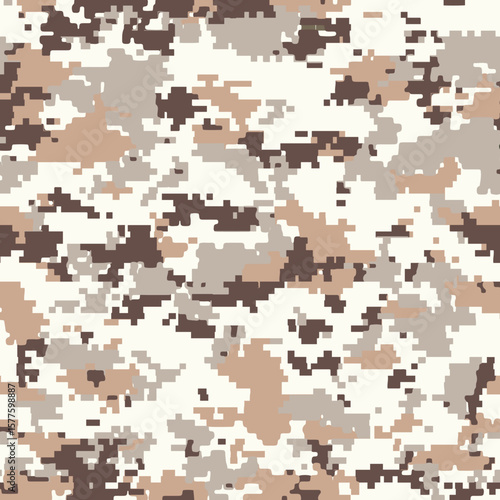 Camouflage seamless pattern. Khaki digital pixel tiles for desert area. Military beige textile. Modern camo uniform for soldiers in the war. Multicolor militaristic wallpaper flat vector illustration.