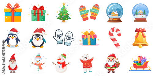 Vector set of colorful Christmas icons - Santa, snowman, gifts, tree, mittens, sleigh, and snow globe. Holiday cards, seasonal promotions, packaging, and festive illustrations.
