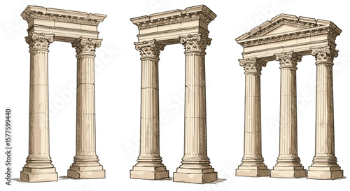 Ancient arches and columns sketch hand-drawn with colored chalk and pencils, ruins and gates collection of an ancient city on a transparent background