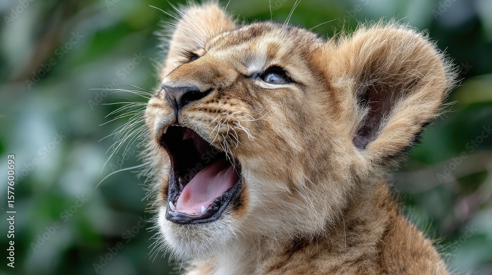 Obraz premium Lion cub, wide-open mouth, roars