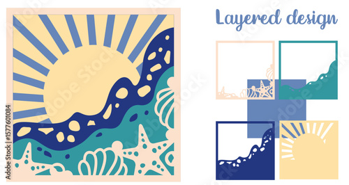 Summer shadow box with ocean wave svg, Layered papercut wall decor