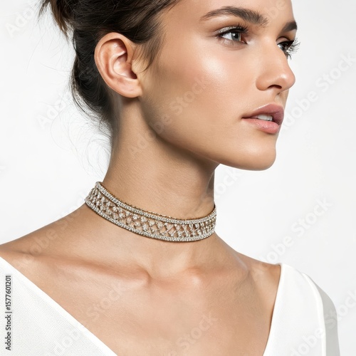 Elegant woman showcasing diamond choker jewellery against neutral backdrop perfect for fashion editorial luxury advertisement and bridal theme