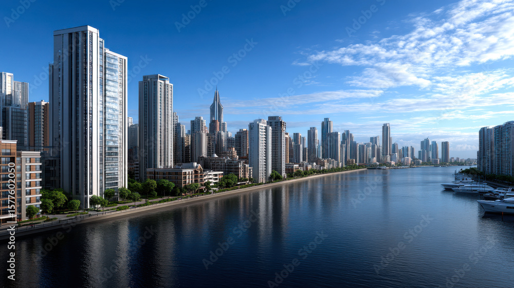 Fototapeta premium Modern skyline urban landscape waterfront skyscrapers cityscape blue sky reflection architecture