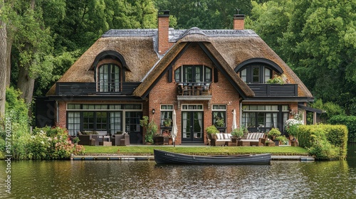 Thatched roof house on lake surrounded by lush greenery