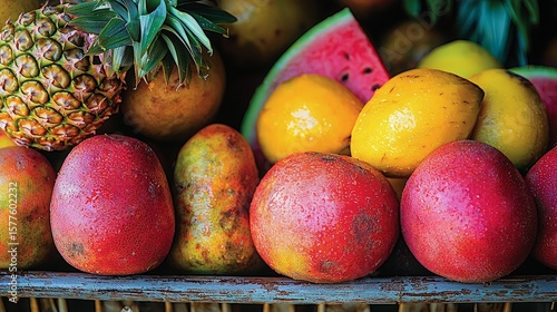 Tropical fruits display vibrant colors on rustic wooden surface