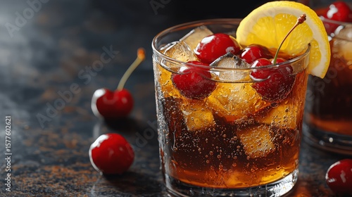 Whiskey soda with cherries and lemon on a dark surface