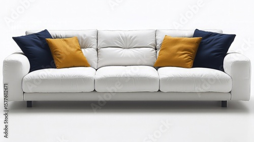 White sofa with blue and gold pillows in a modern living room