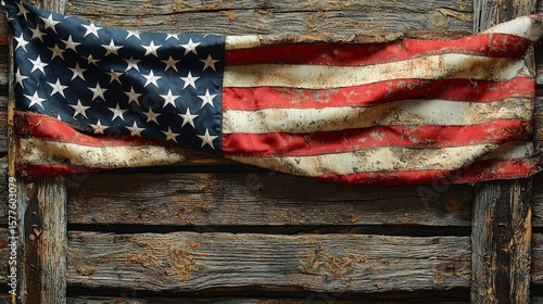Worn American flag against weathered wooden background