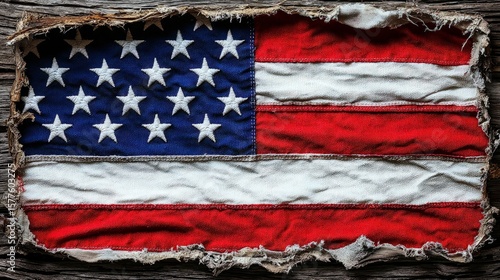 Worn American flag on weathered wood background