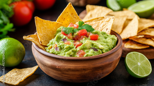 Delicious guacamole with tortilla chips and fresh ingredients