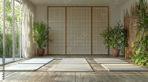 Yoga studio interior with plants and natural light
