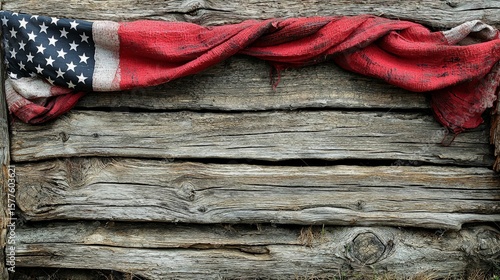 American flag draped over weathered wooden planks rustic background